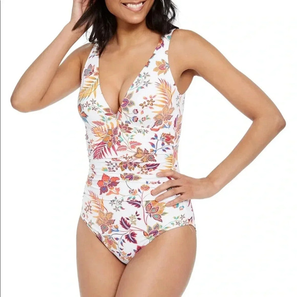 Jacobean Floral Over The Shoulder One-Piece Swim - Picture 3 of 12